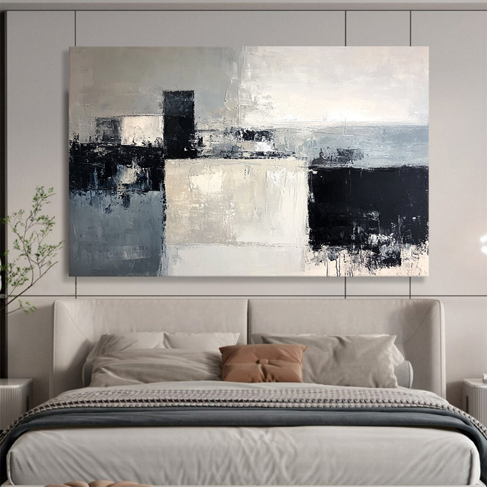 “Geometric Abstract in Gray and Black” - Gray, black, white; Geometric shapes in gray, black, and white; Textured Acrylic Painting On Canvas HB1204