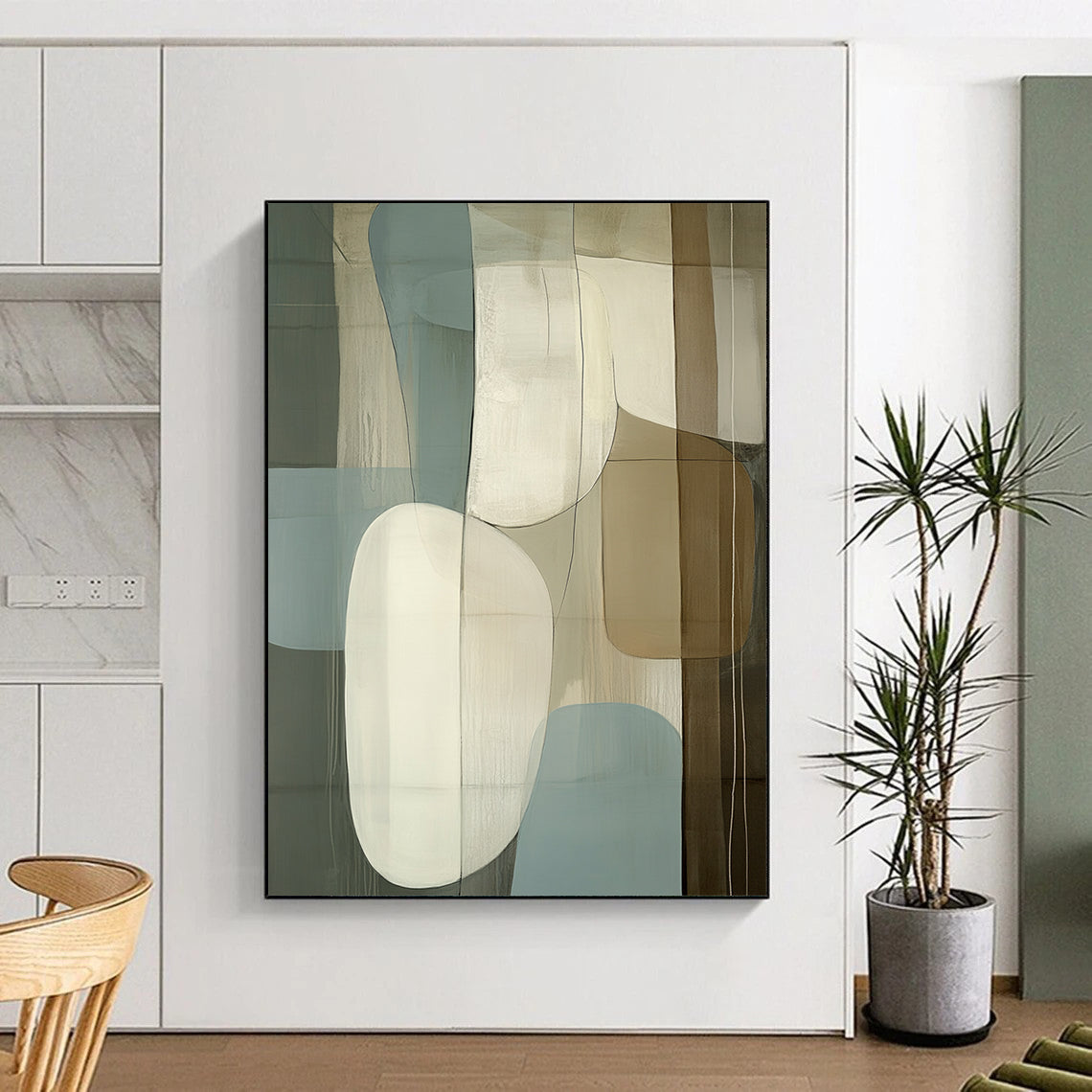Large contemporary hand-painted abstract artwork featuring light blue beige and white shapes on a dark gray background with striking depth. DLZ1299