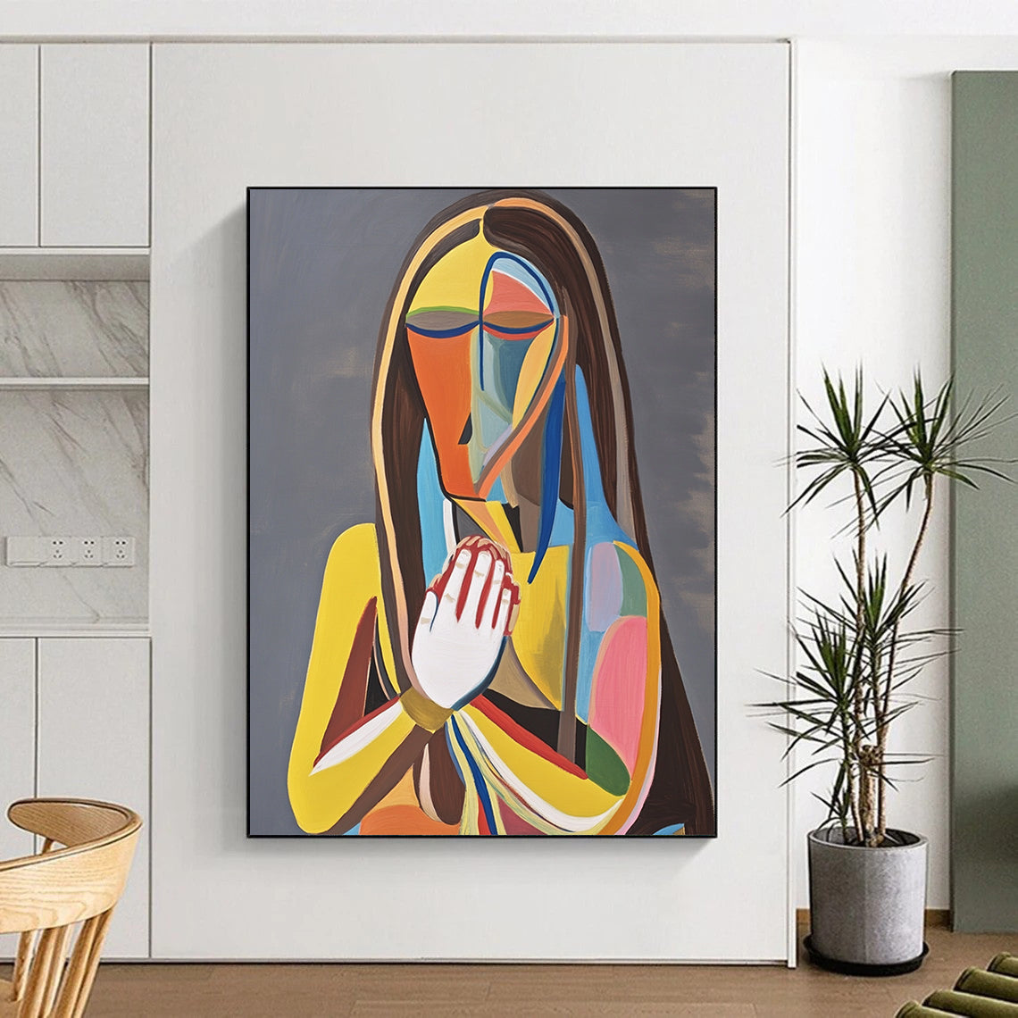 Contemporary abstract painting featuring a woman on a throne holding her chest in pain against a gray background with vibrant colors and bold lines. DLZ1381