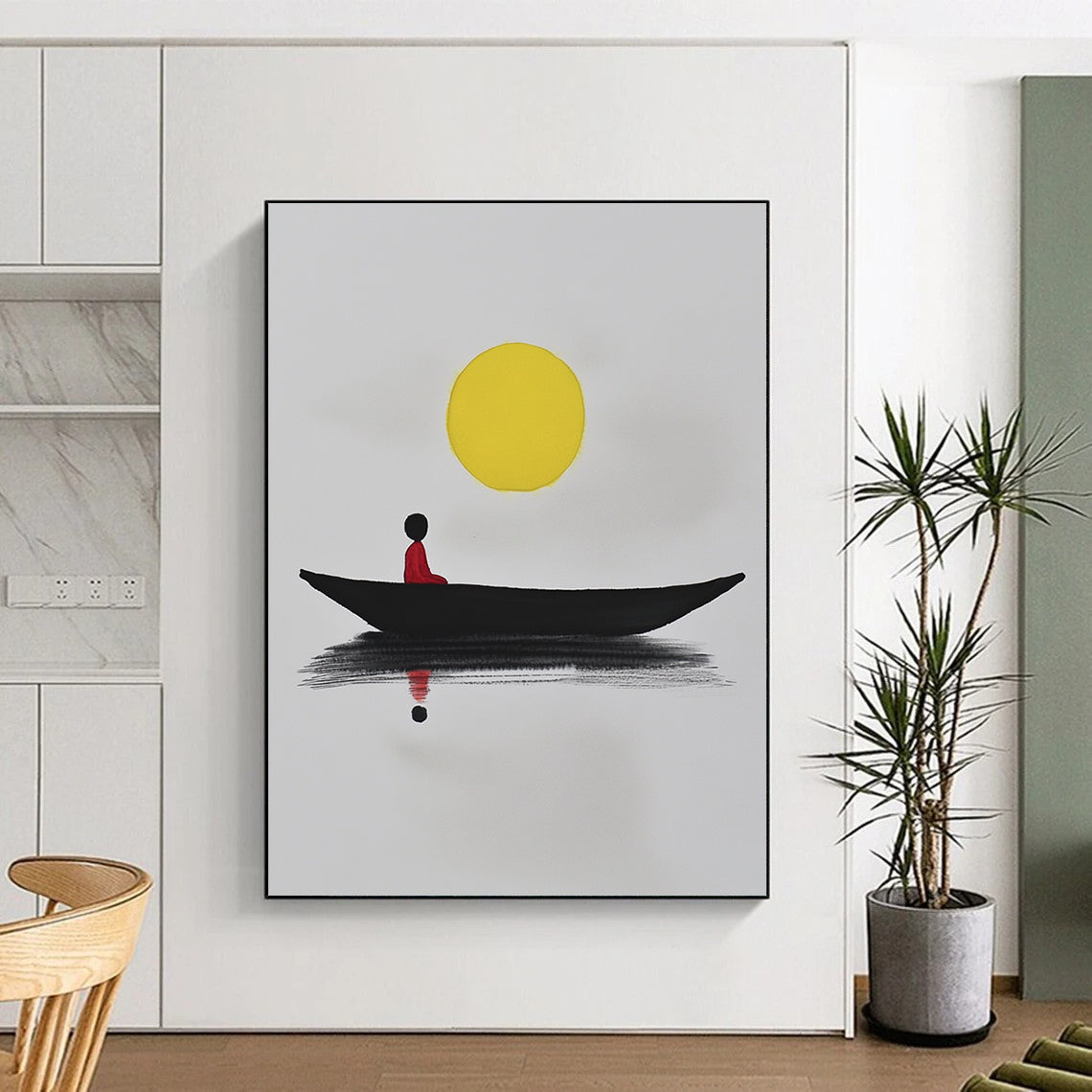Contemporary abstract art featuring a minimalist black boat on white paper with a yellow sun and a red figure reflecting in calm waters. DLZ1564
