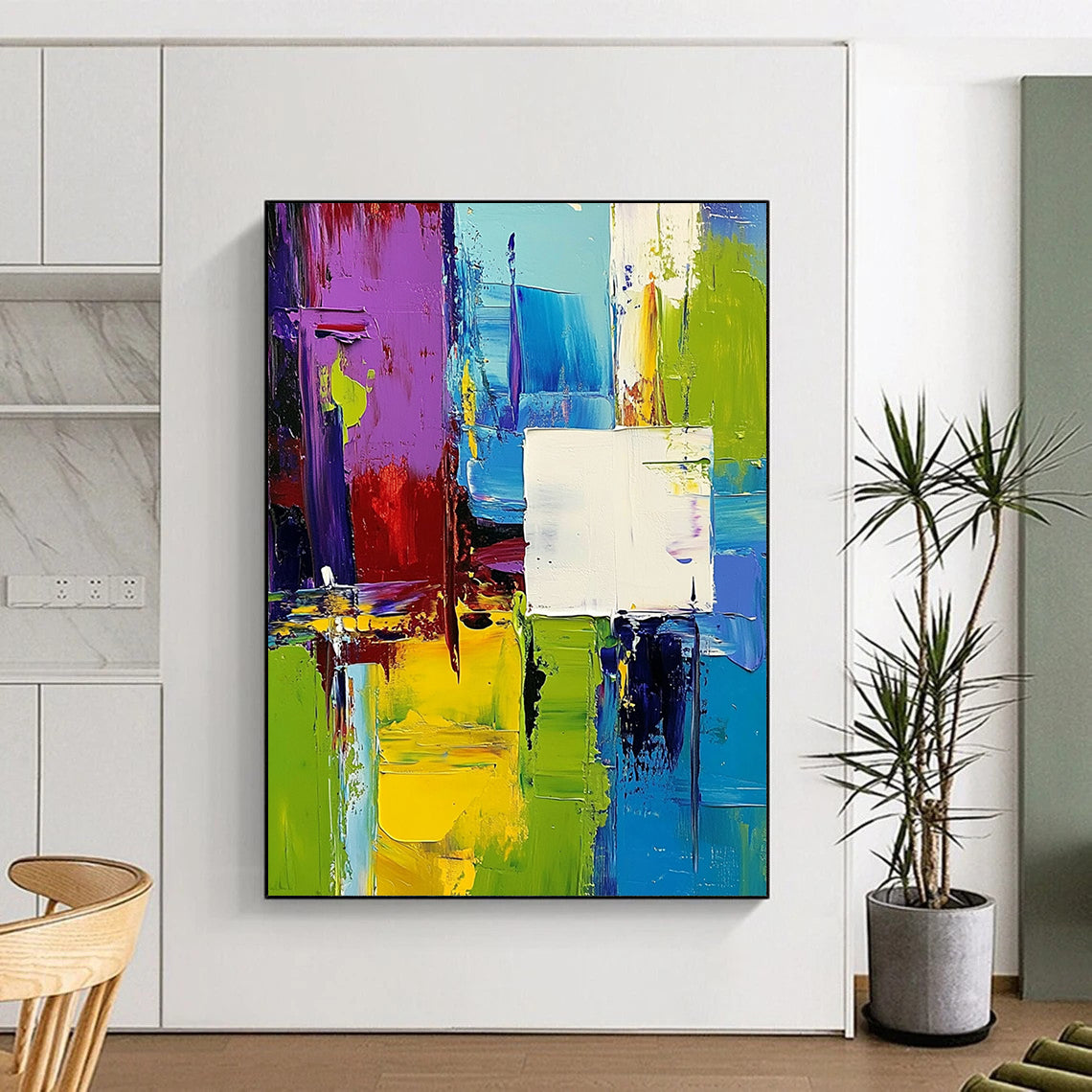 Contemporary hand-painted abstract artwork featuring vibrant green blue purple yellow palette with dynamic shapes and overlapping white squares creating depth and movement. DLZ0773