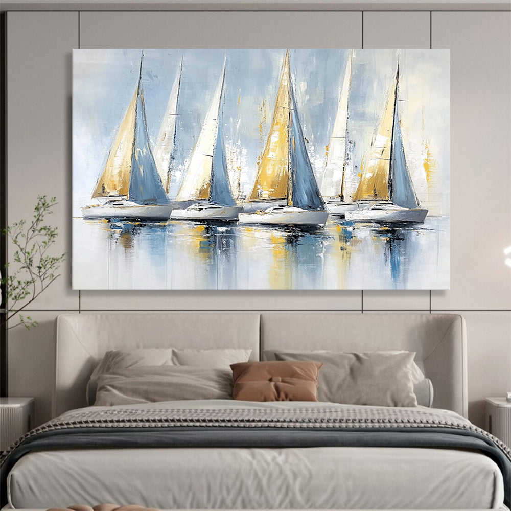 “Blue and Gold Sailboats” - Light Blues, Golds, Whites, Sailboats on Reflective Water - Impasto Oil Painting HB1734