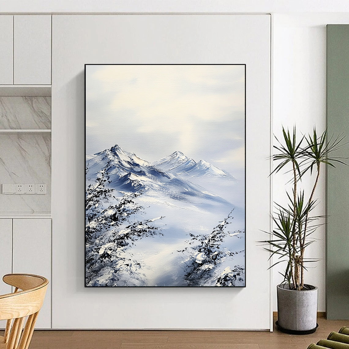 Contemporary hand-painted abstract artwork featuring textured snow-capped mountains in gray and blue tones with an impressionist style and visible brushstrokes. DLZ1683