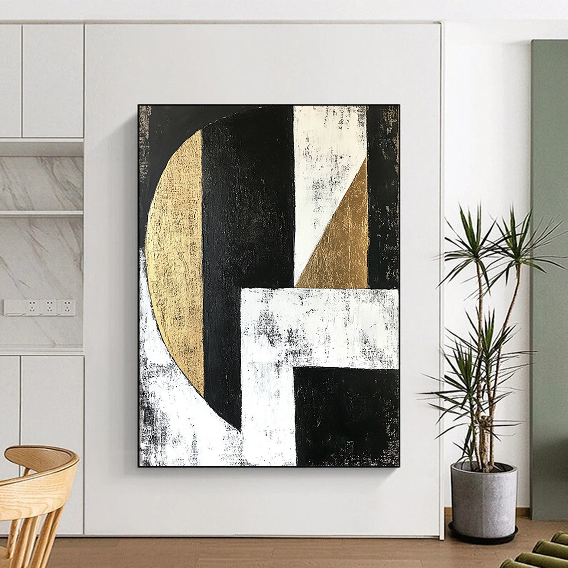Black, White, Gray and Gold Geometric Abstraction "Subtle Harmony" Painting On Canvas HB378
