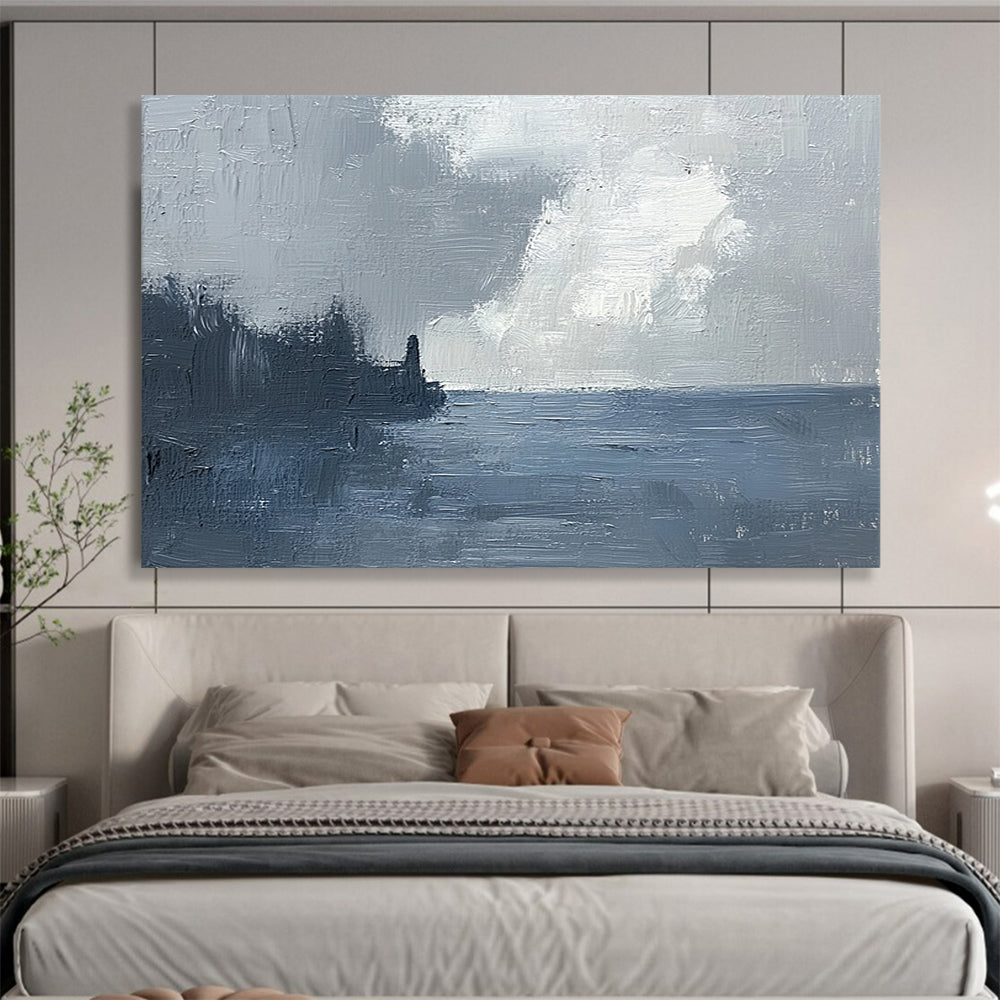 “Coastal Mist” - Muted grays, whites, deep blues; Stormy sky, sea, dark coastline; Atmospheric Seascape Painting On Canvas HB1148