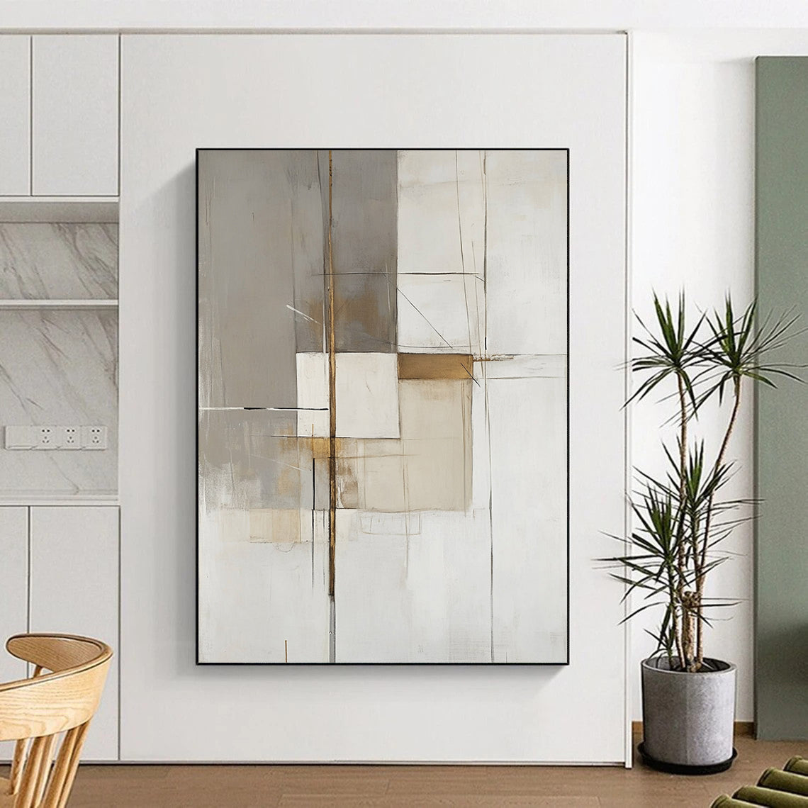 Large contemporary hand-painted abstract artwork features white gray and beige organic shapes with gold accents and heavy brushwork on a minimalist background. DLZ1742