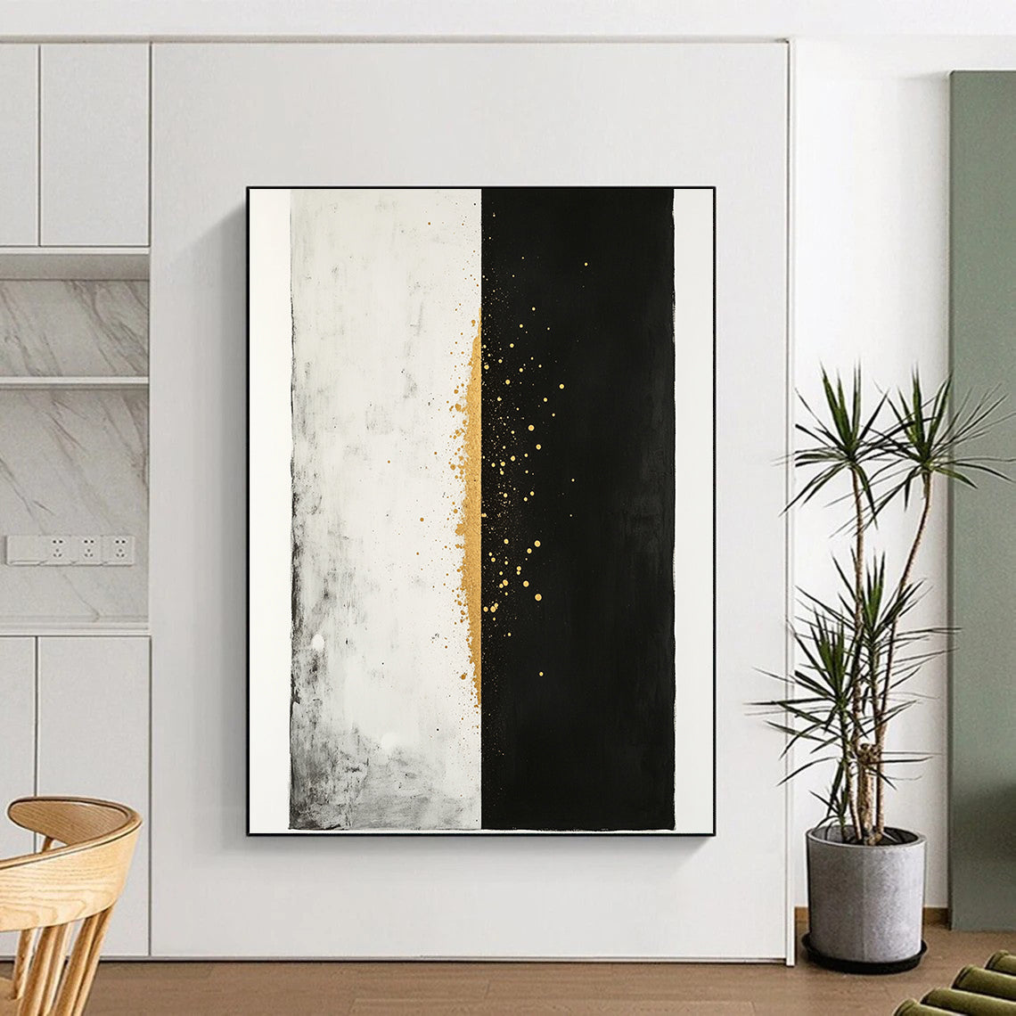 Black, White & Gold Split Dots - “Celestial Divide” Painting On Canvas HB194