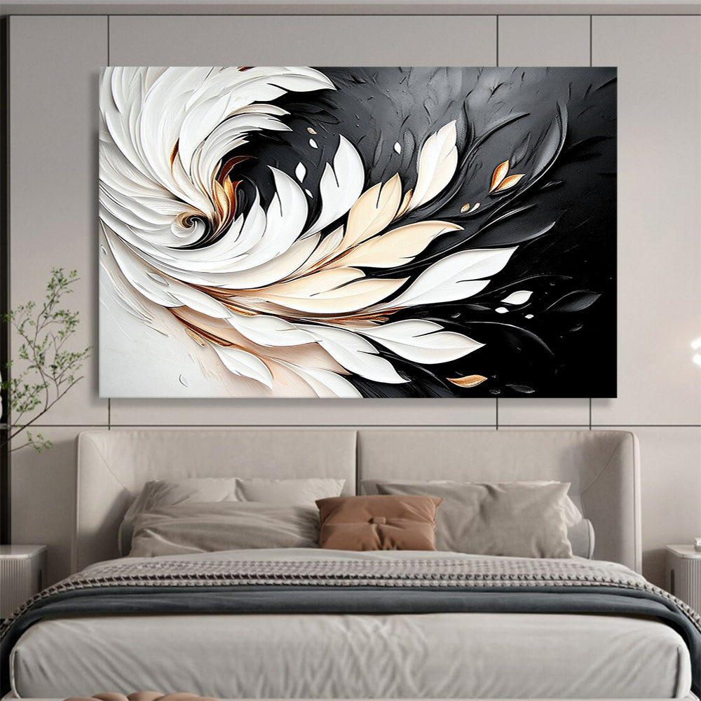 “3D White - Gold Feather Swirl on Black” - White, Gold, 3D Feather Shapes Painting On Canvas HB0796