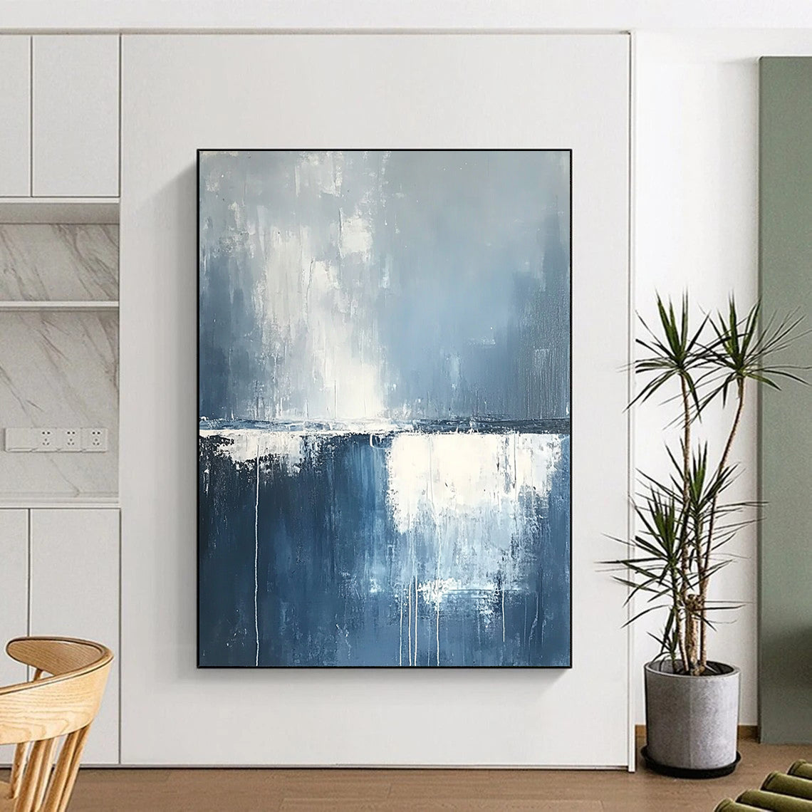 Contemporary hand-painted abstract art featuring misty clouds and rain over the ocean in soothing blue and grey tones with soft white edges. DLZ0630