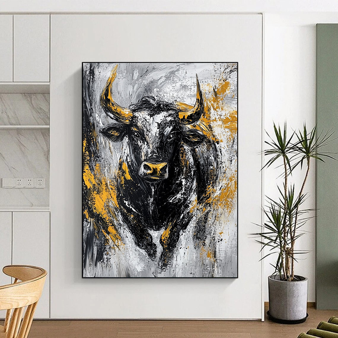 Bold contemporary abstract painting featuring an aggressive bull in textured black and gold against a striking grey background. DLZ0885