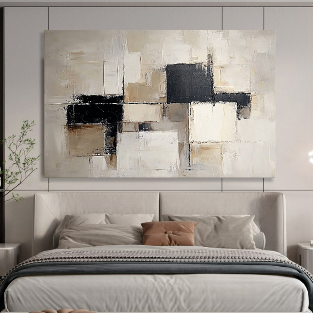 “Neutral Geometric Blocks” - Beige, Black, White, Abstract Cubes Painting On Canvas HB1054