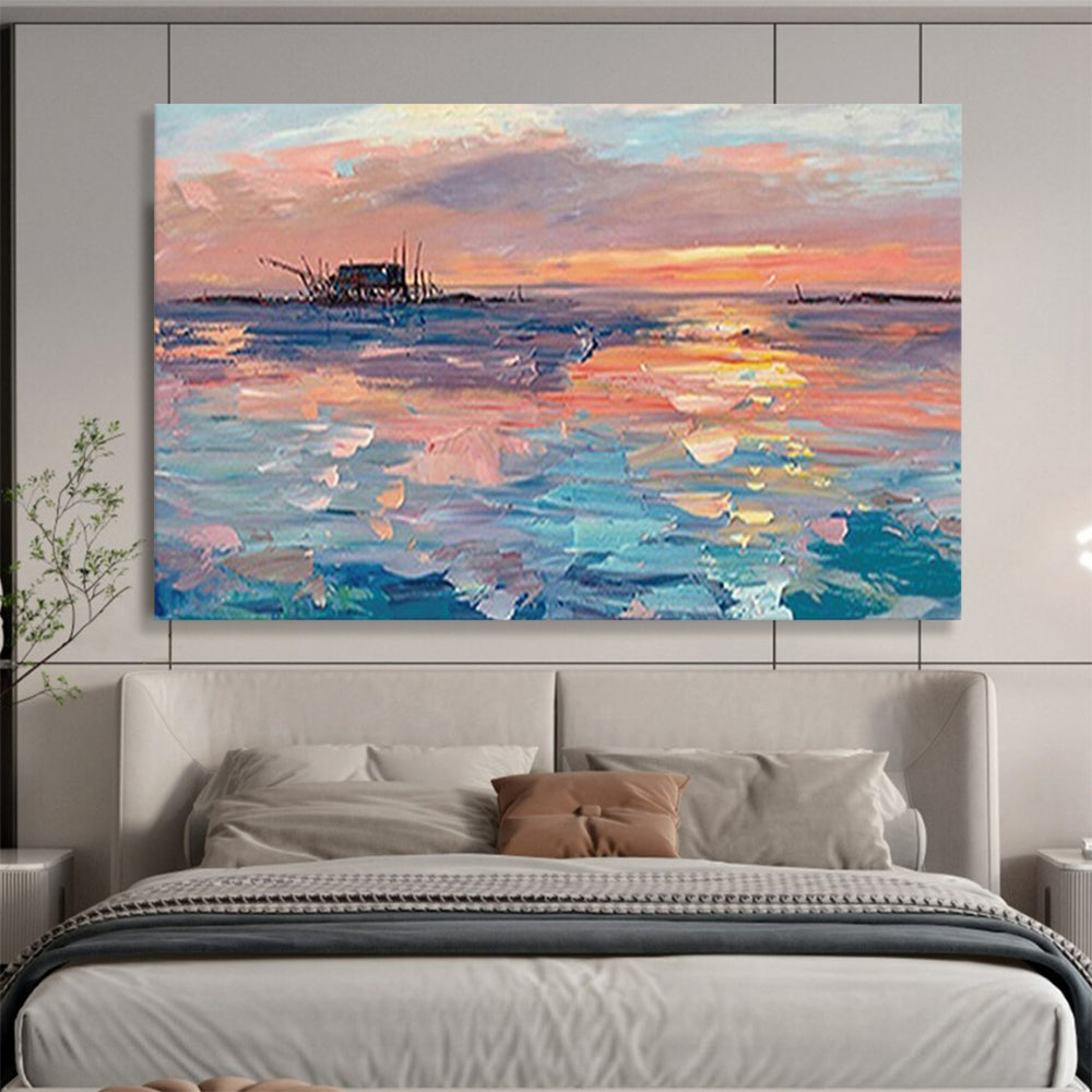 Sunset Sea Shack Oil Painting - Coastal Living Room or Office Art DLZ205