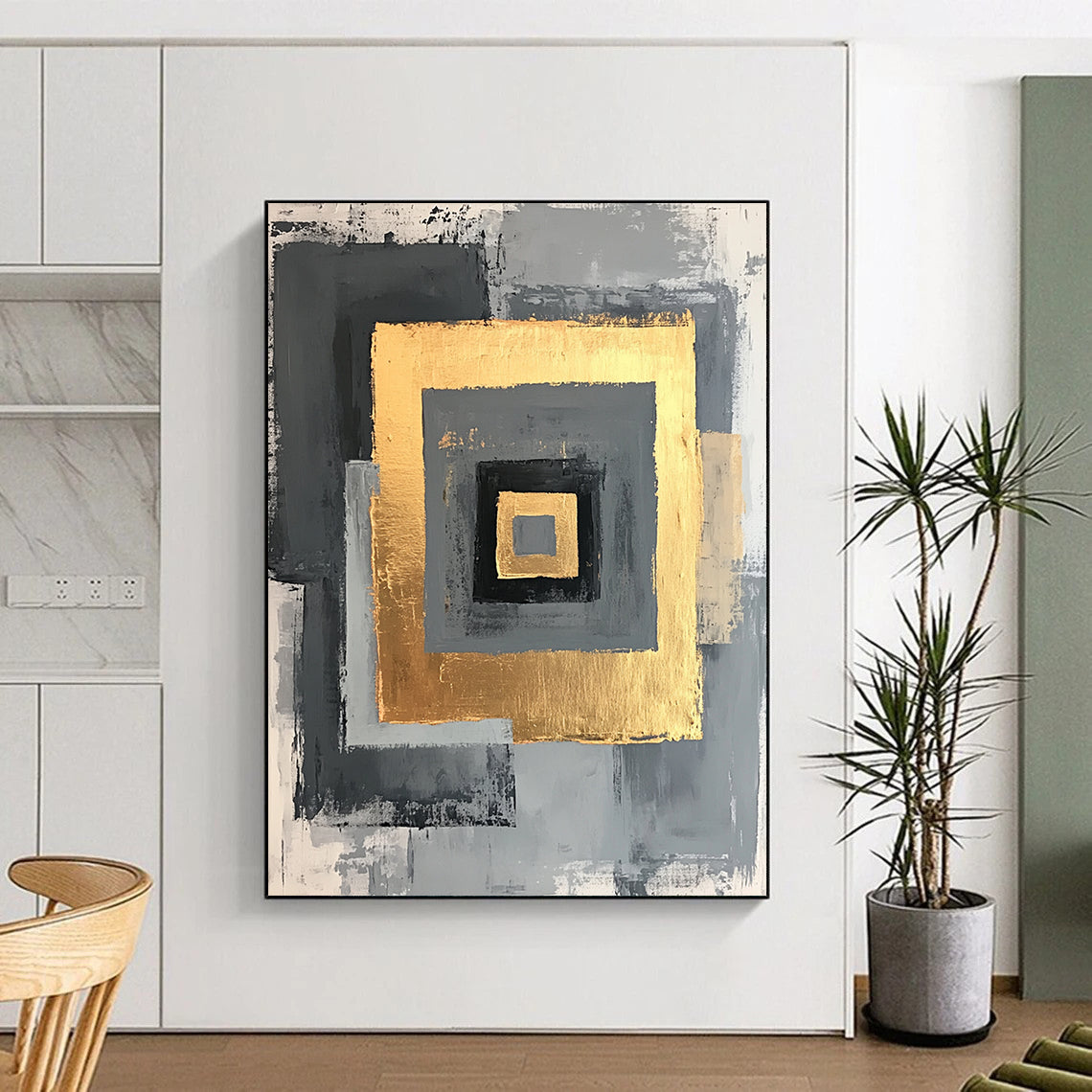 Gray, Black, Gold and White Geometric Squares "Nested Squares" Painting On Canvas HB347