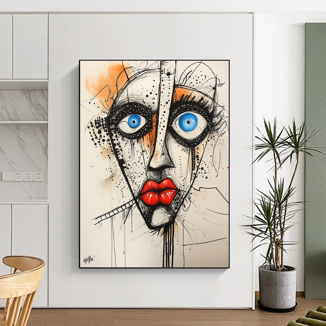 Abstract artwork featuring black dots blue eyes red lipstick on a white background hand-drawn doodles in a contemporary mixed media style. DLZ1252