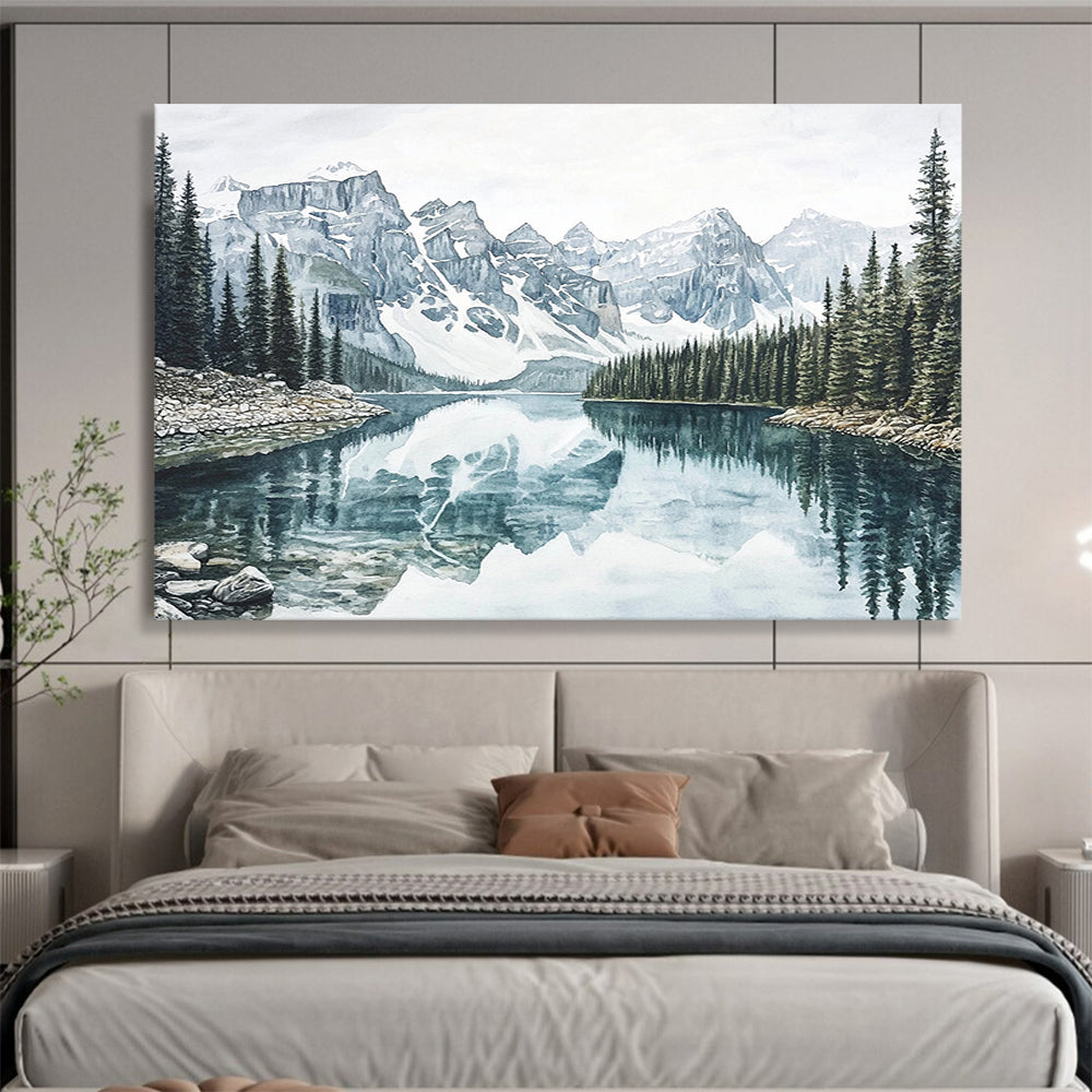 “Realistic Mountain Lake” - Blue, Gray, Mountain, Lake Painting On Canvas HB0763