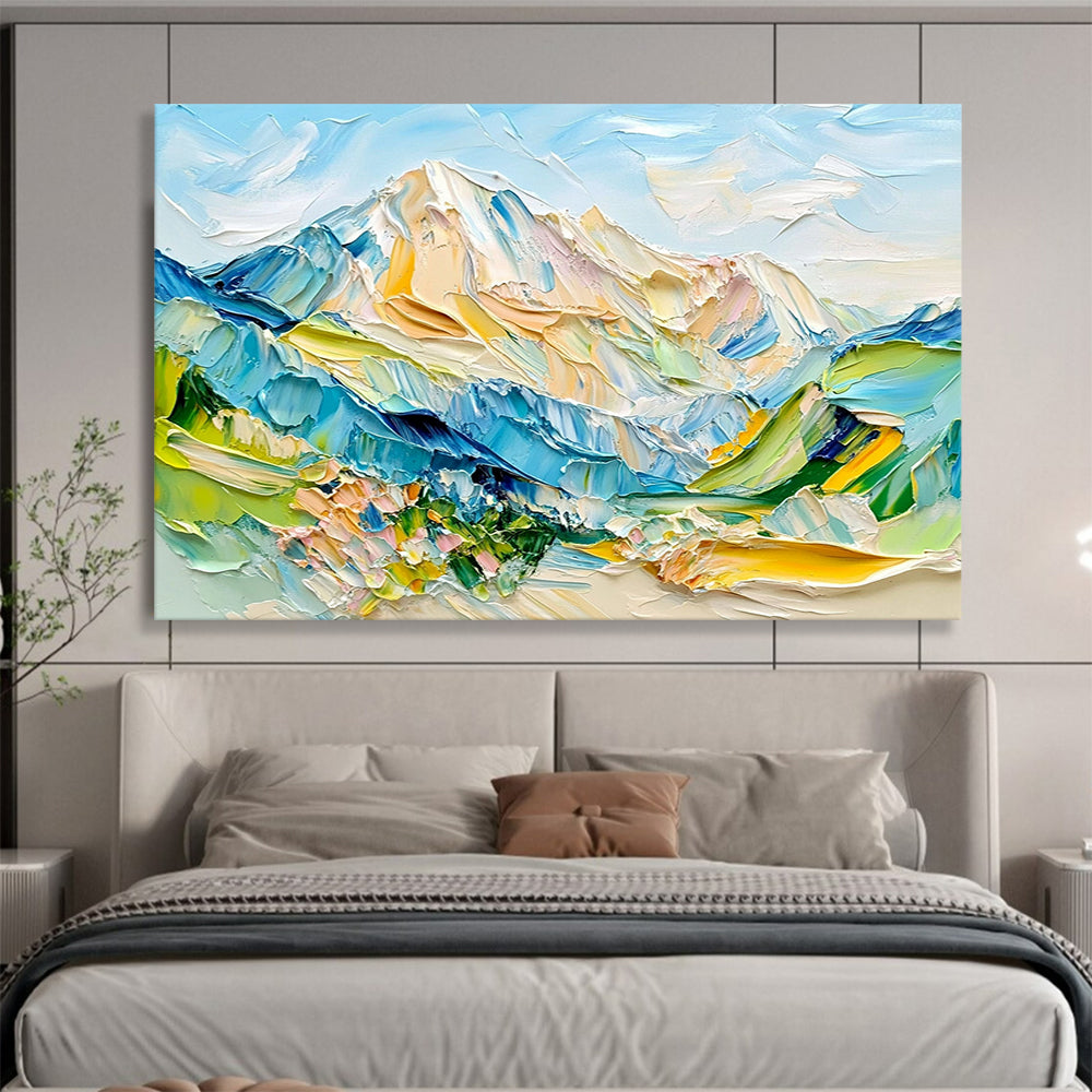 “Color - Drenched Alpine Vistas” - Blue, Green, Yellow, Pink, Lively Mountainscape Painting On Canvas HB1021