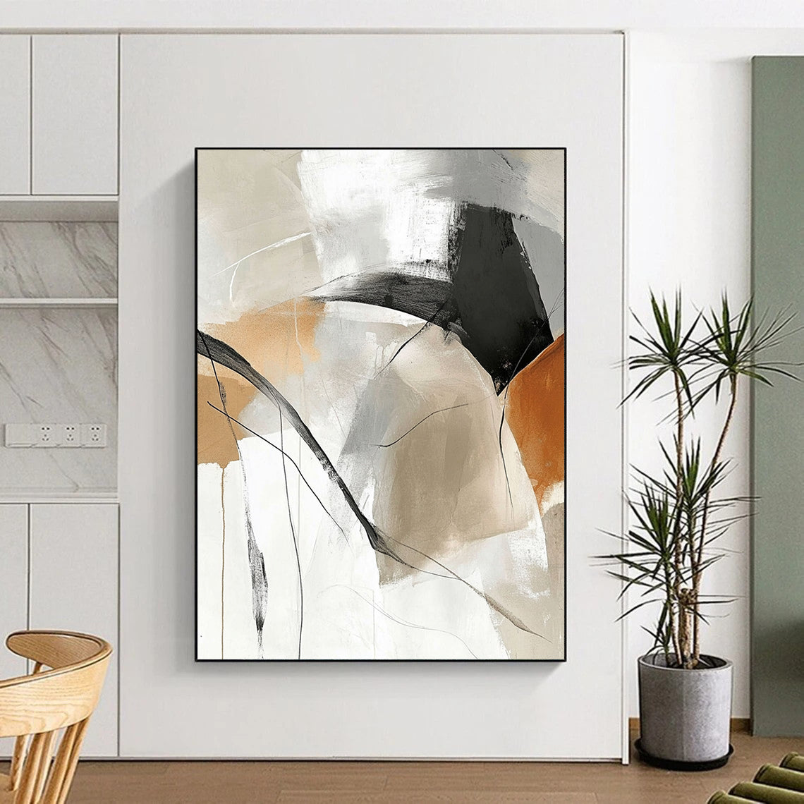 Contemporary hand-painted abstract art featuring beige and white tones with black lines beautiful curves and intertwined gray shades large blank spaces for customization. DLZ0292
