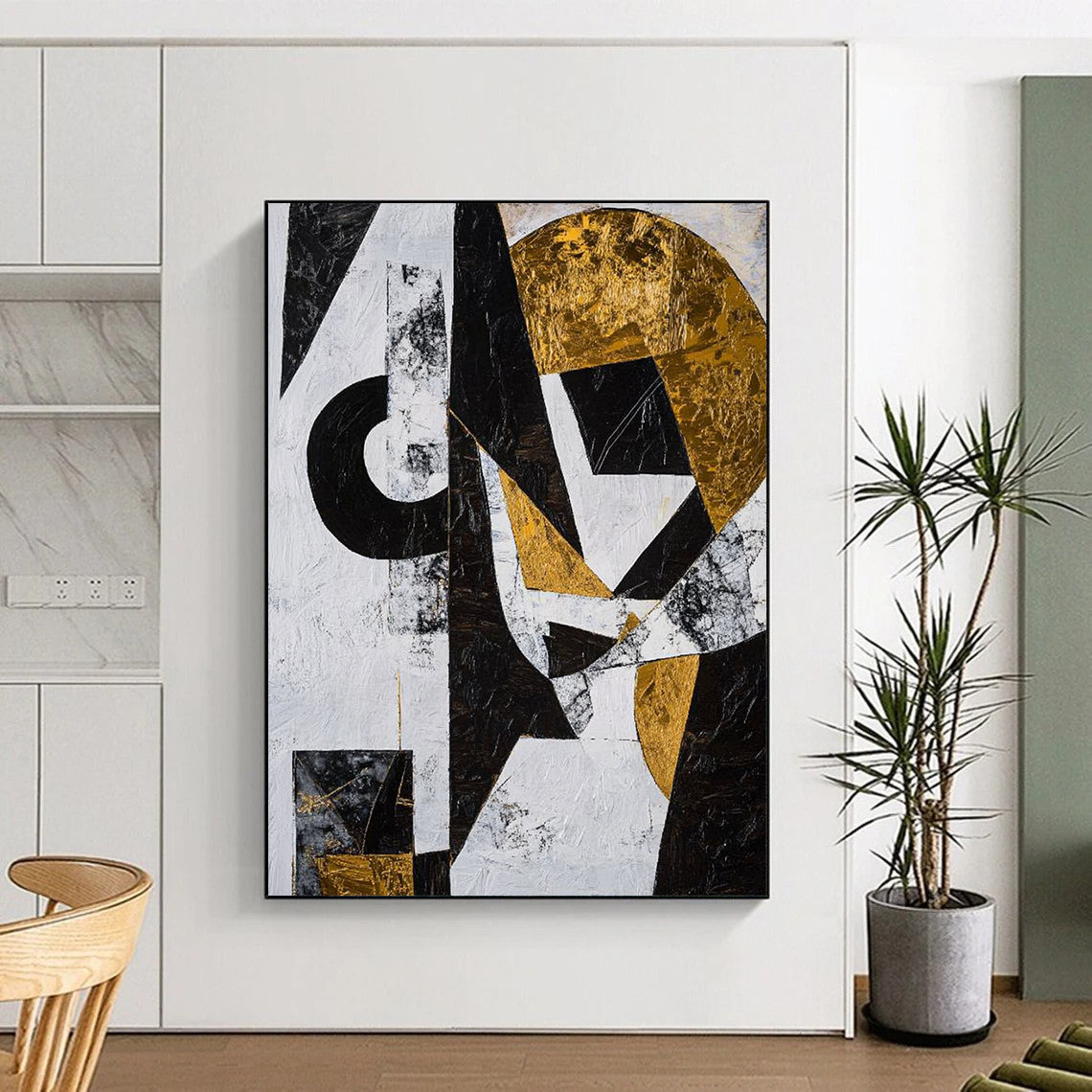 Black, White, Gold and Gray Geometric Abstraction "Dynamic Geometry" Painting On Canvas HB376