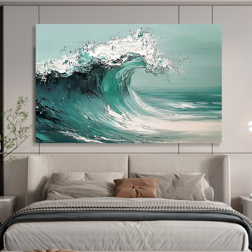 “Dynamic Teal Wave” - Teals, Whites, Greens, Ocean Wave - Palette Knife Oil Painting HB1580