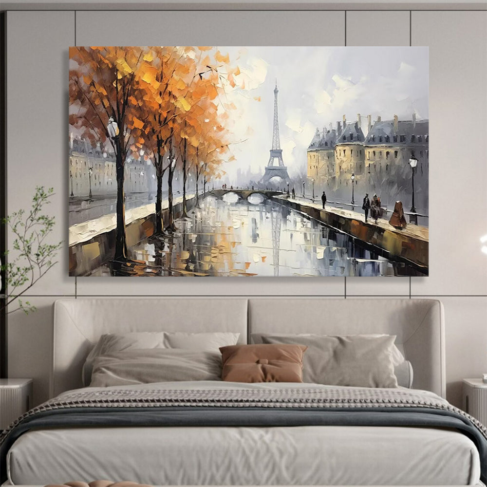 Paris Autumn Canal Oil Painting - Large Romantic Living Room Decor DLZ171