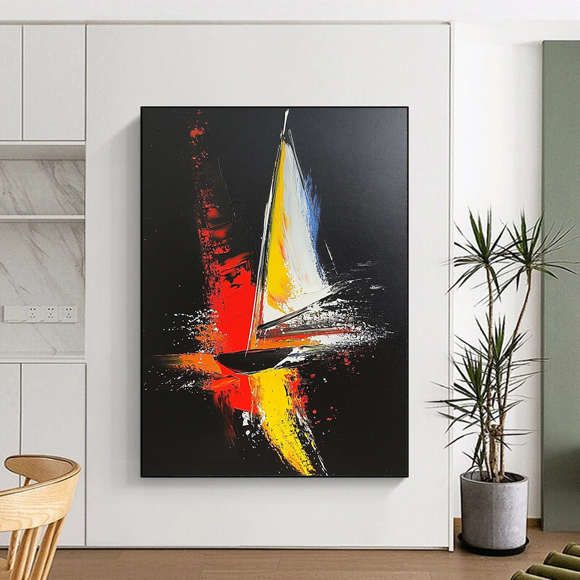 Contemporary hand-painted abstract artwork featuring a sailboat in bold red yellow and gray strokes against a striking black background with dynamic white highlights. DLZ1554