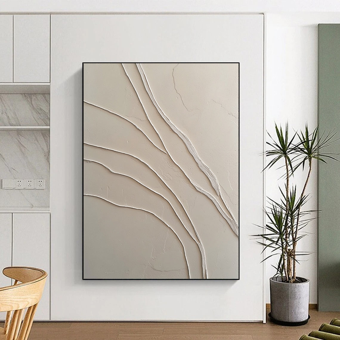 Contemporary abstract art featuring textured white plaster and graceful S-shaped lines creates a striking visual contrast and depth. DLZ1435
