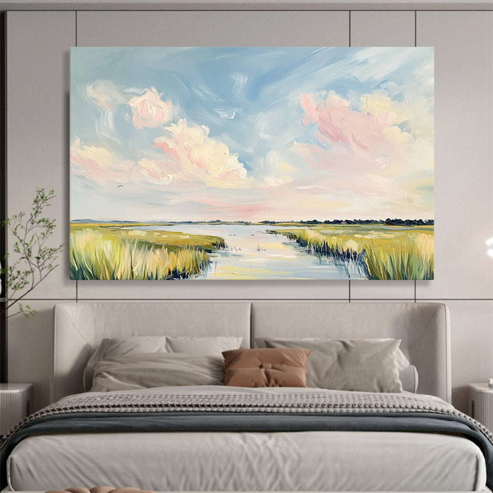 Pastel Sky Over Marshland - Soft Impressionistic Landscape Painting On Canvas HB0440