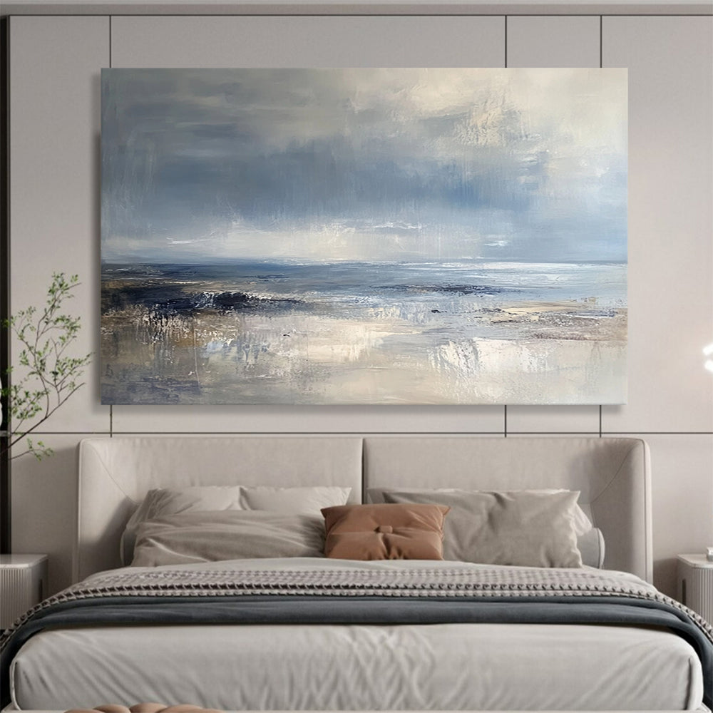 “Textured Coastal View” - Blue, Gray, Beige, Layered Seascapes and Dynamic Skies Painting On Canvas HB0921