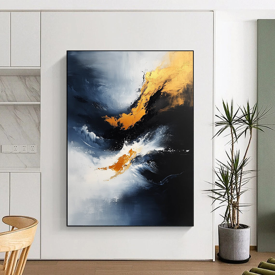 Contemporary abstract painting features dynamic brush strokes and atmospheric clouds in blue, black, and gold on textured canvas. DLZ0357