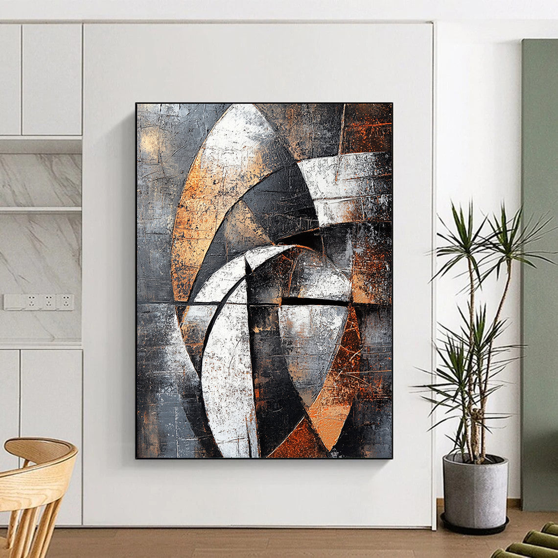 Gray, Black, White, Brown, Geometric Arcs "Industrial Rhythm" Abstract Cubist - Inspired Painting On Canvas HB061
