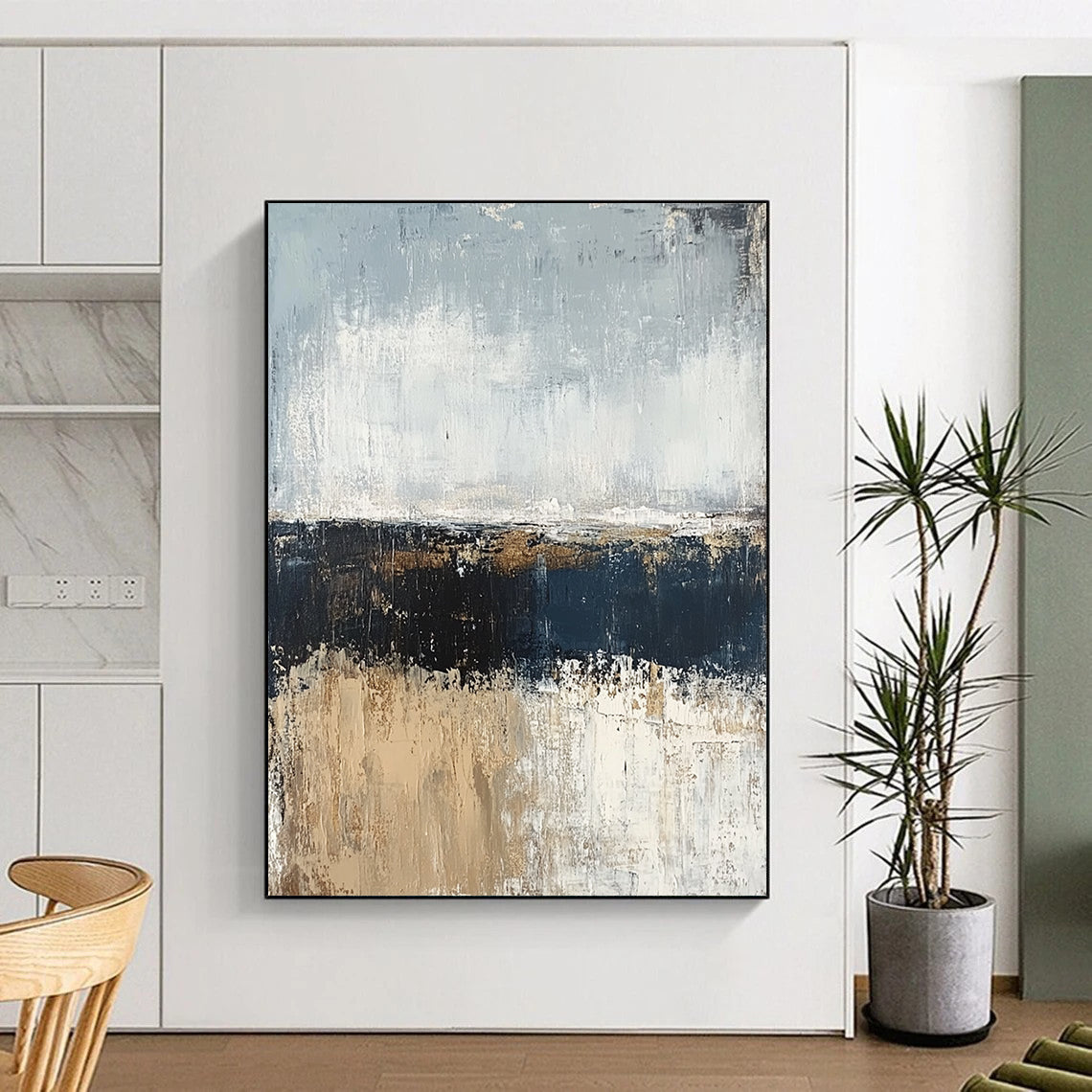 Contemporary hand-painted abstract artwork featuring a serene ocean shore in muted gray and blue tones with a neutral palette of beige and brown in oil paint. DLZ0955