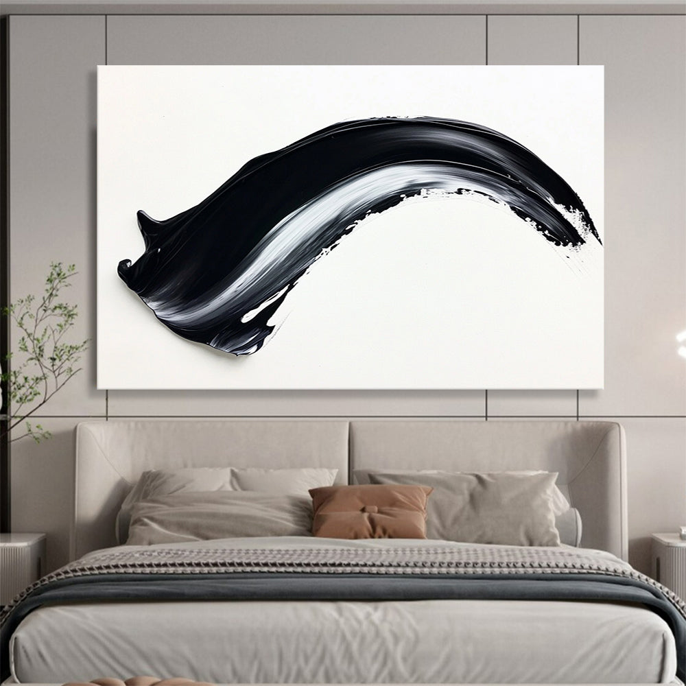 Minimalist Black & White Stroke - Simple Abstract Oil Painting On Canvas HB0480