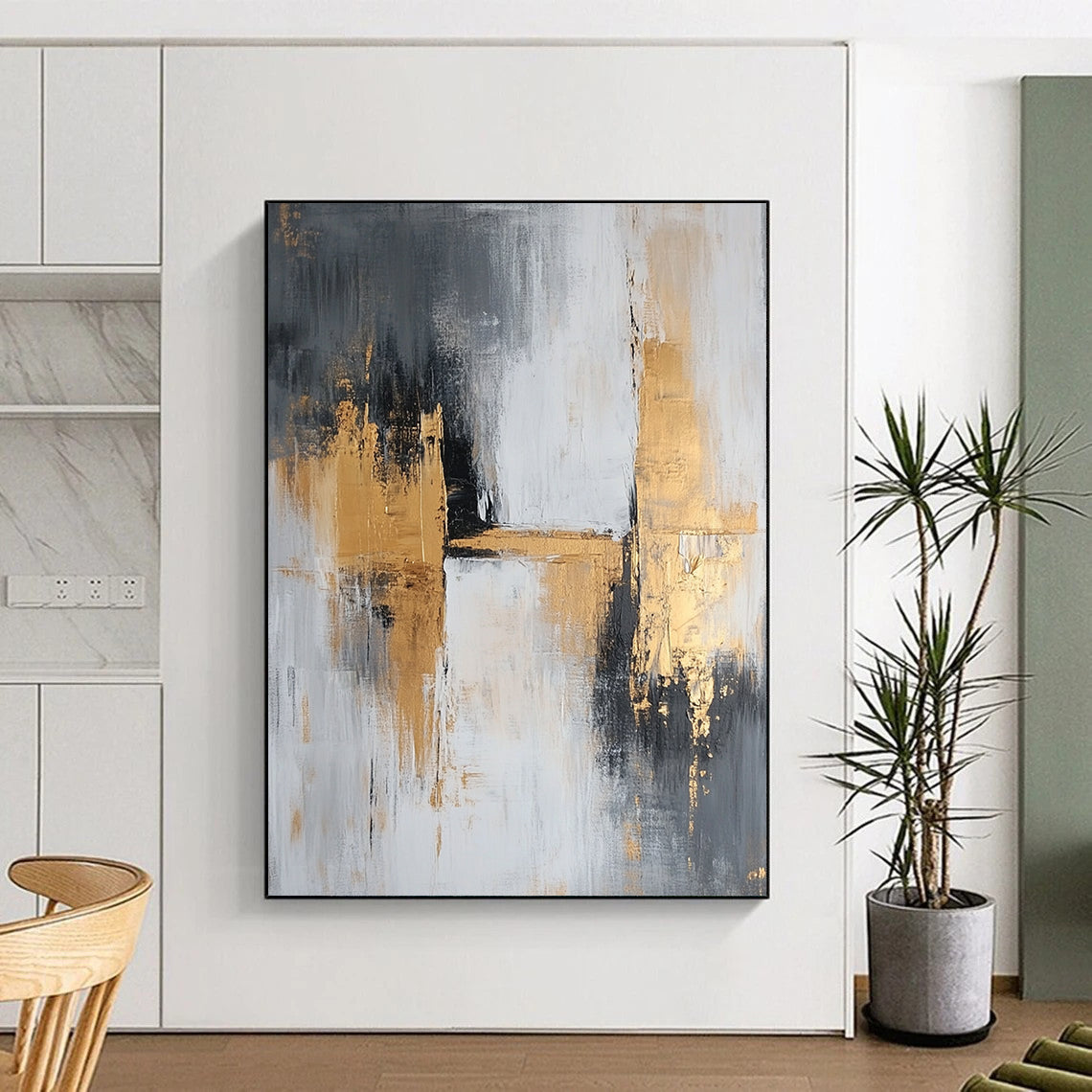 Large contemporary abstract painting featuring gray and gold tones with textured brush strokes that evoke calmness and tranquility on a spacious canvas. DLZ0709