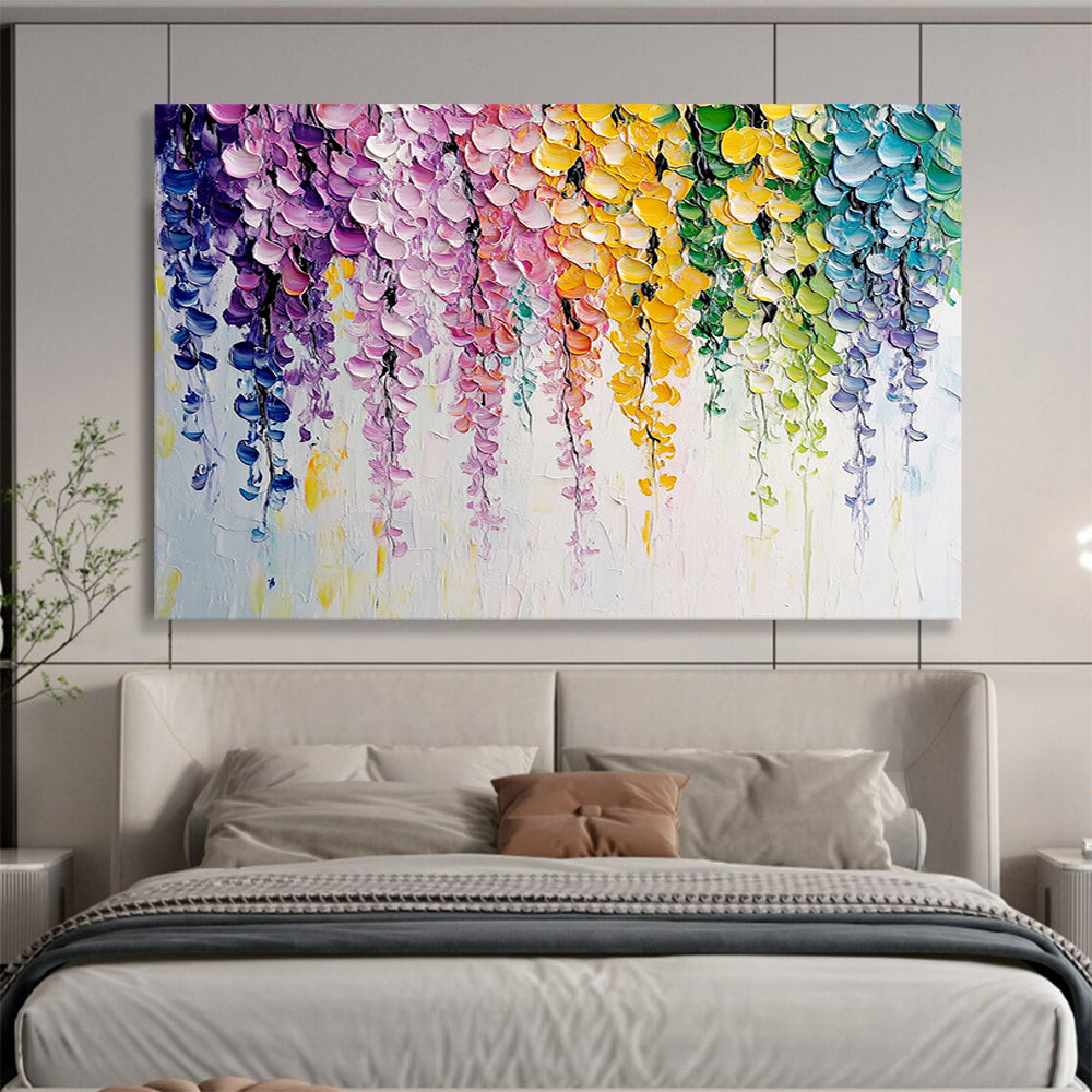 “Colorful Cascading Blooms” - Bright purples, pinks, yellows, greens, blues; Dripping flower blossoms; Impasto Floral Painting On Canvas HB1163