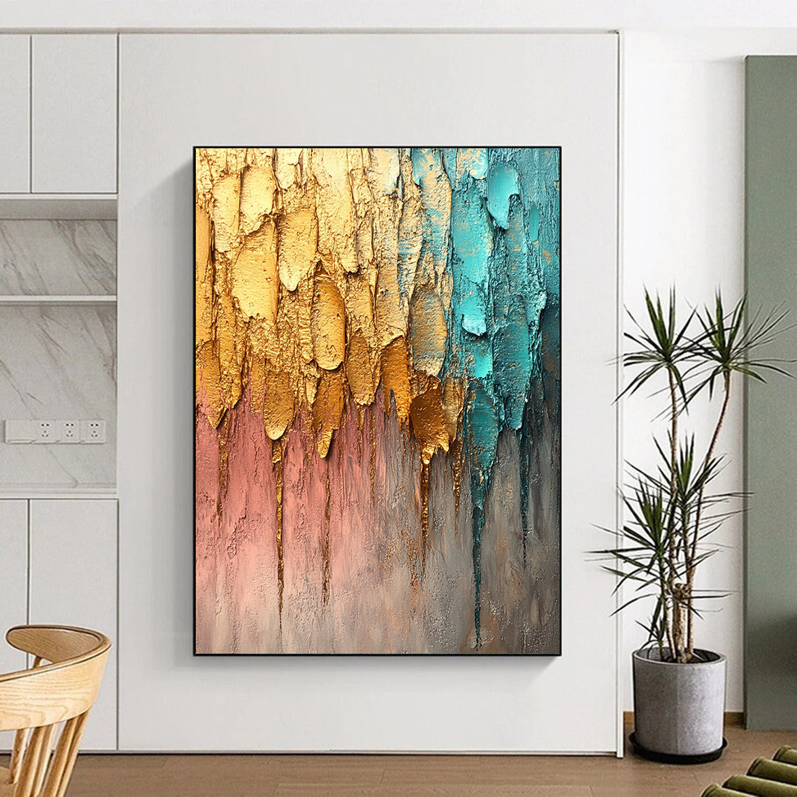 Contemporary abstract painting featuring textured brush strokes in gold silver and teal against a muted gray background with dynamic raindrop-like lines. DLZ1193