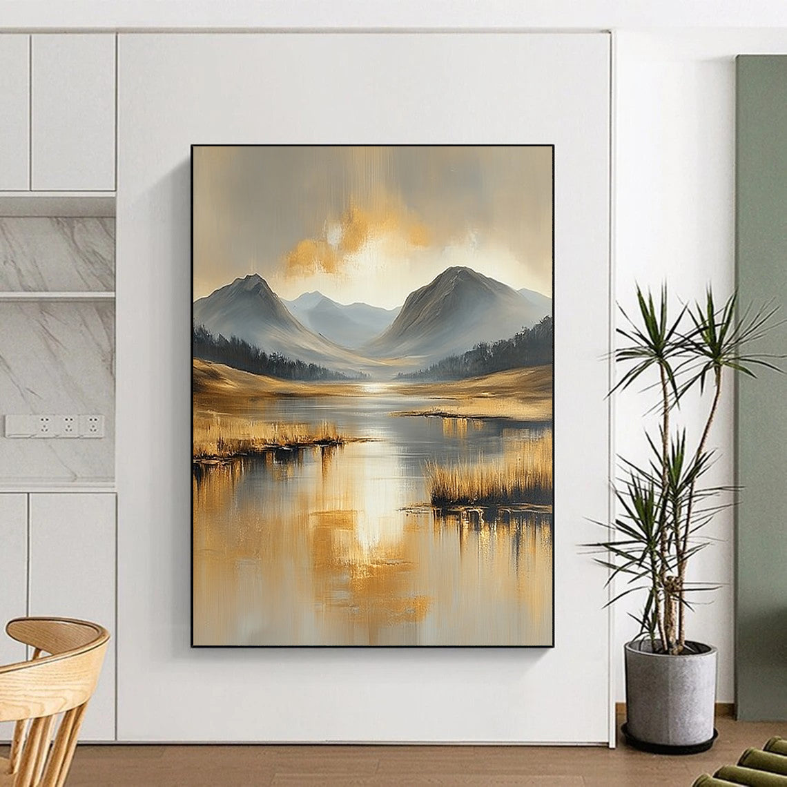 Contemporary abstract landscape painting featuring serene beige and gold tones, water reflections, distant mountains, and tranquil skies in heavy oil brush strokes. DLZ0410
