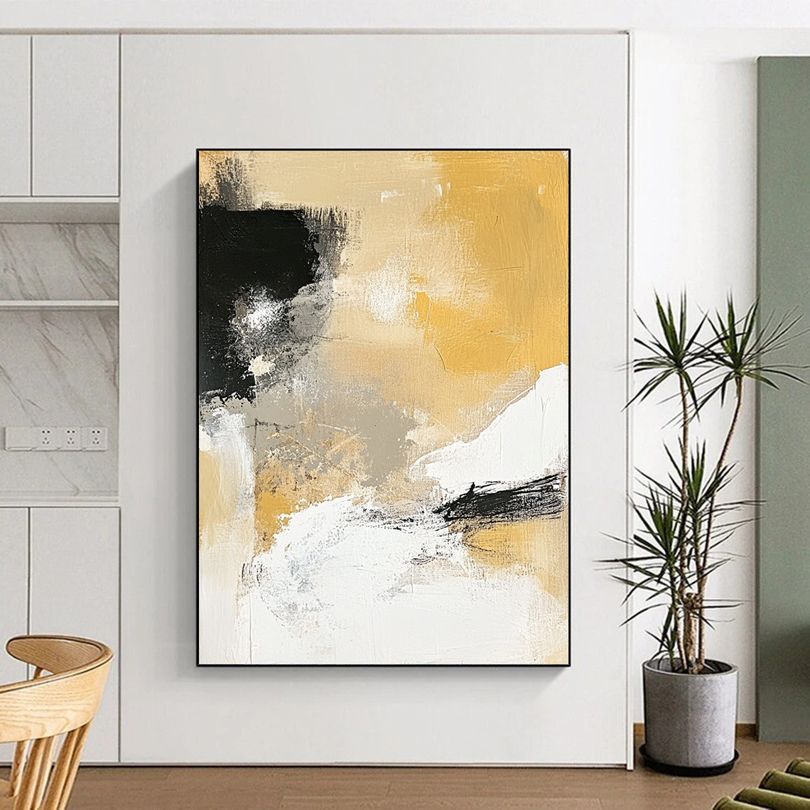 Contemporary hand-painted abstract artwork featuring neutral tones in black and white combined with vibrant yellow for a striking visual impact. DLZ0278