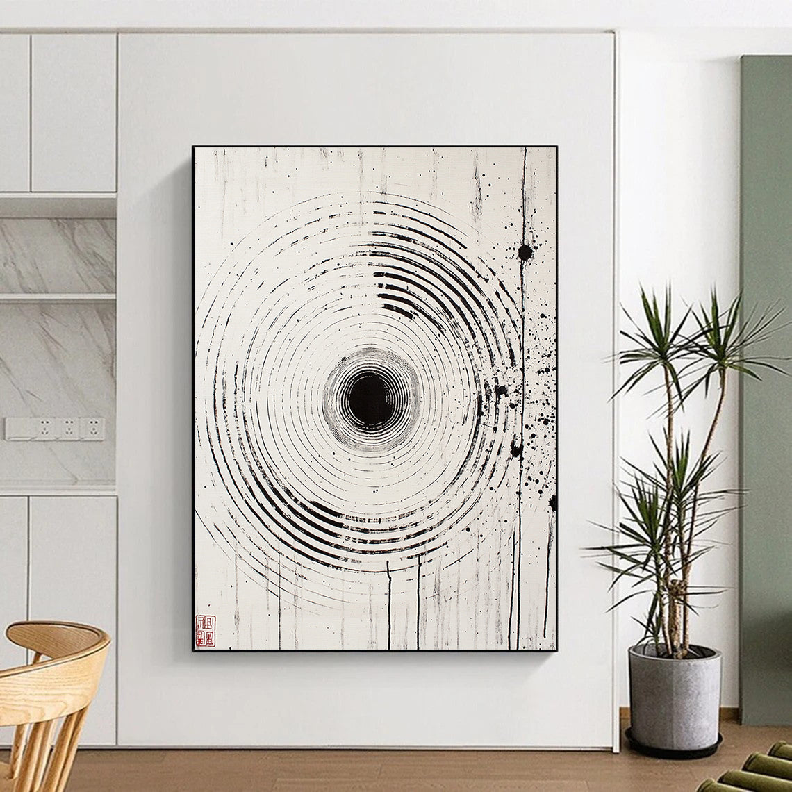 Black Rings with Splashes - “Ink - Wash Universe Rings” Painting On Canvas HB188