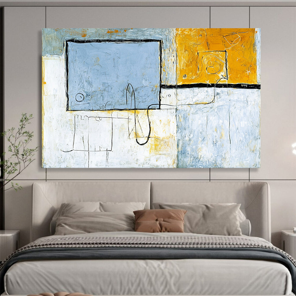 “Geometric Neutral Tones” - Blue, Yellow, Gray, Abstract Shapes - Modernist Acrylic Painting HB1510