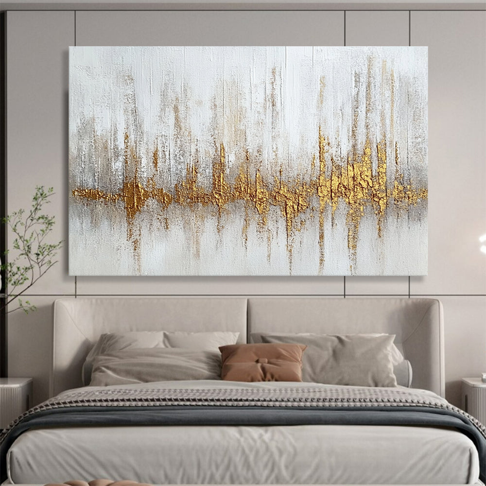 “Gilded Soundwave” - White, gold, gray; Textured gold soundwave on white; Mixed Media Painting On Canvas HB1207