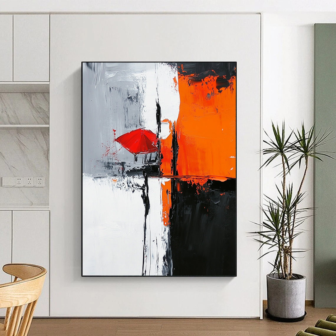 Contemporary abstract painting featuring bold black white orange hues with a gray background light gray red umbrella and chair in a hard-edge style. DLZ0324