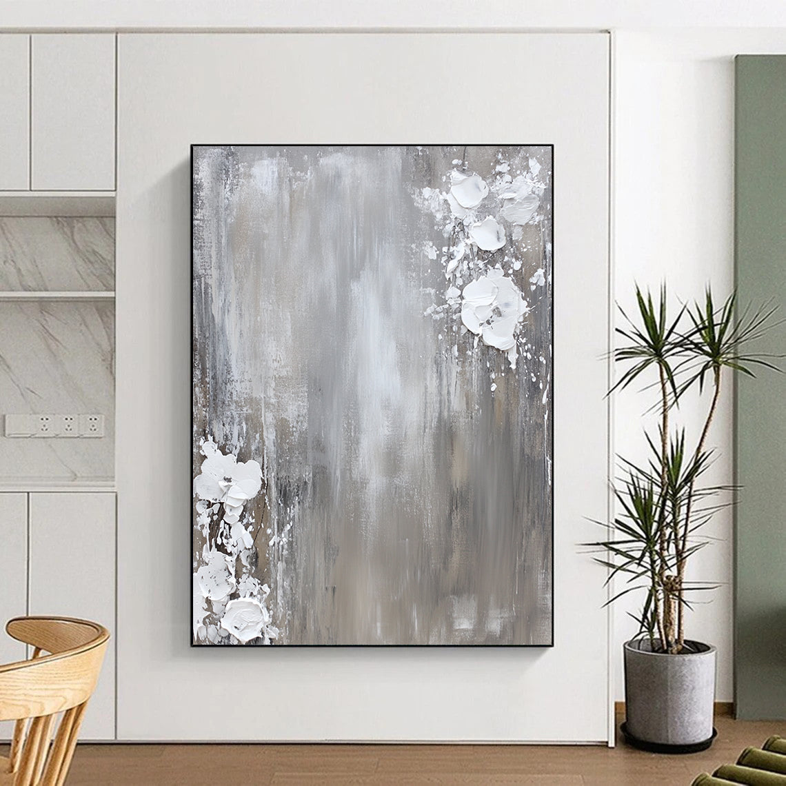 Contemporary hand-painted abstract art featuring a neutral gray and white palette with dynamic paint splashes on canvas for a minimalist aesthetic. DLZ0715