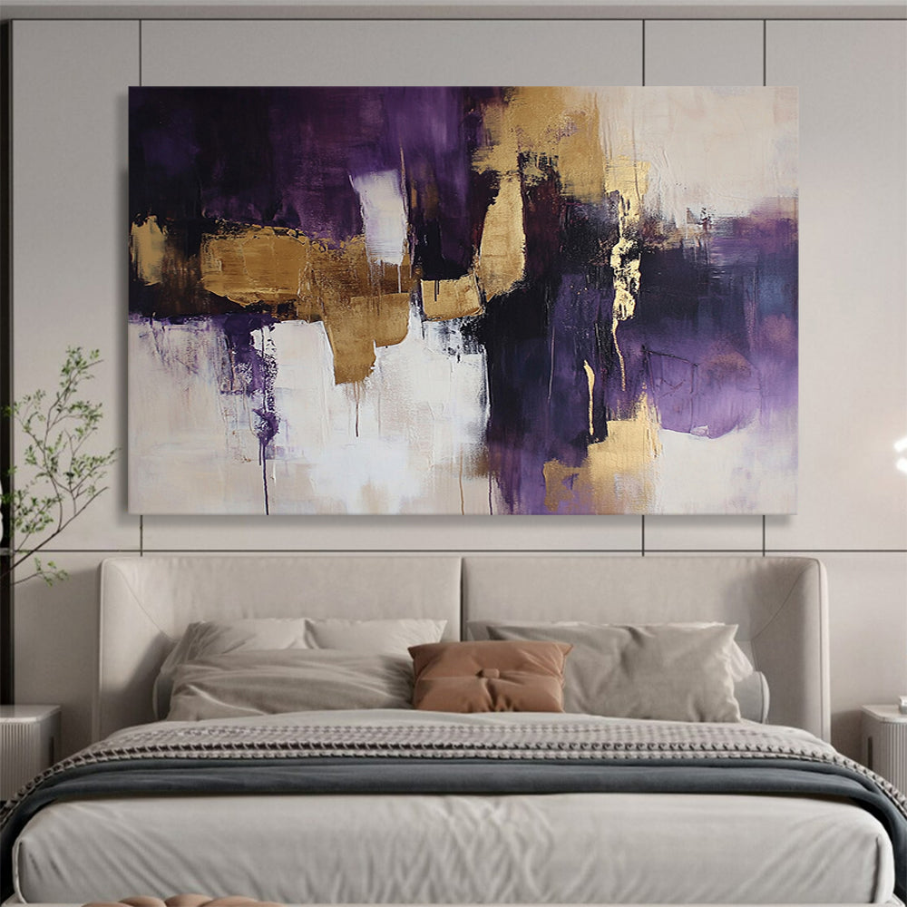 “Purple and Gold Abstract Fusion” - Purple, gold, white, black; Dynamic abstract color blocks and drips; Acrylic Painting On Canvas HB1216