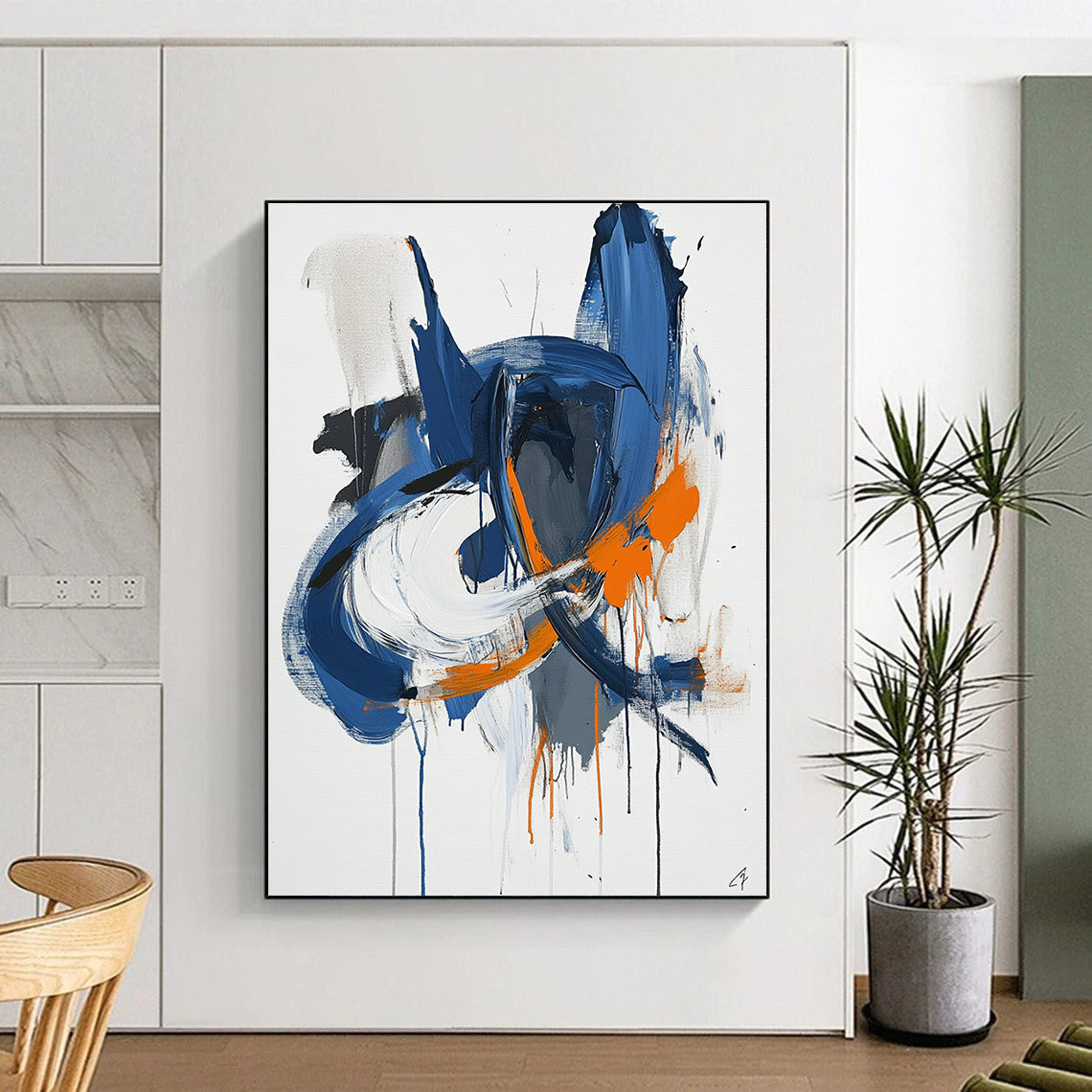 Contemporary abstract artwork features blue white and orange lines with paint drips and organic shapes on paper minimalist style by Sai Ren Wong. DLZ1027