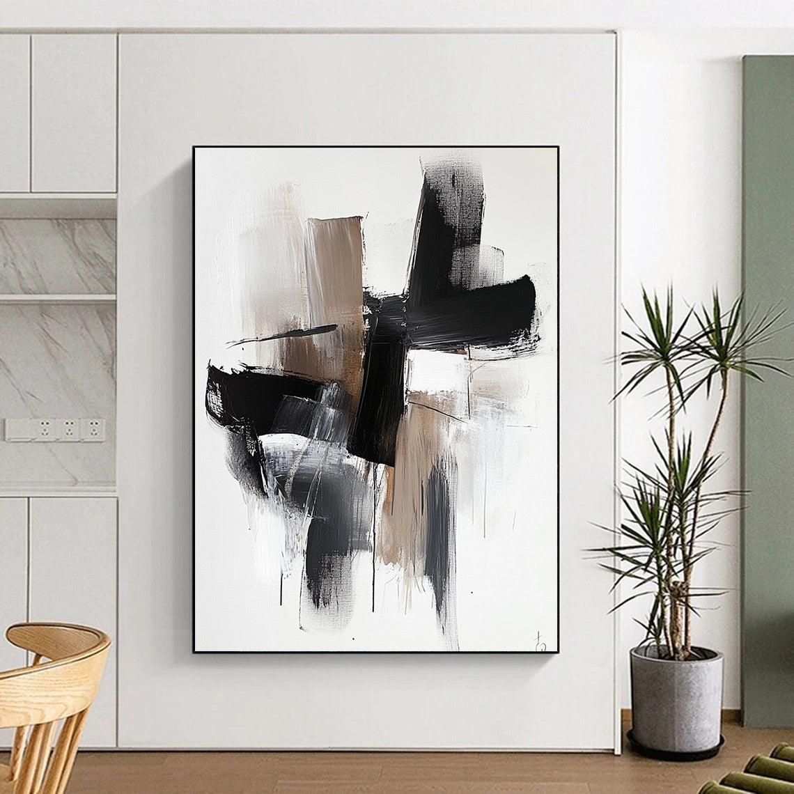 Contemporary hand-painted abstract art features bold black shapes with brown tones and white highlights on a minimalist background for a striking visual impact. DLZ0315