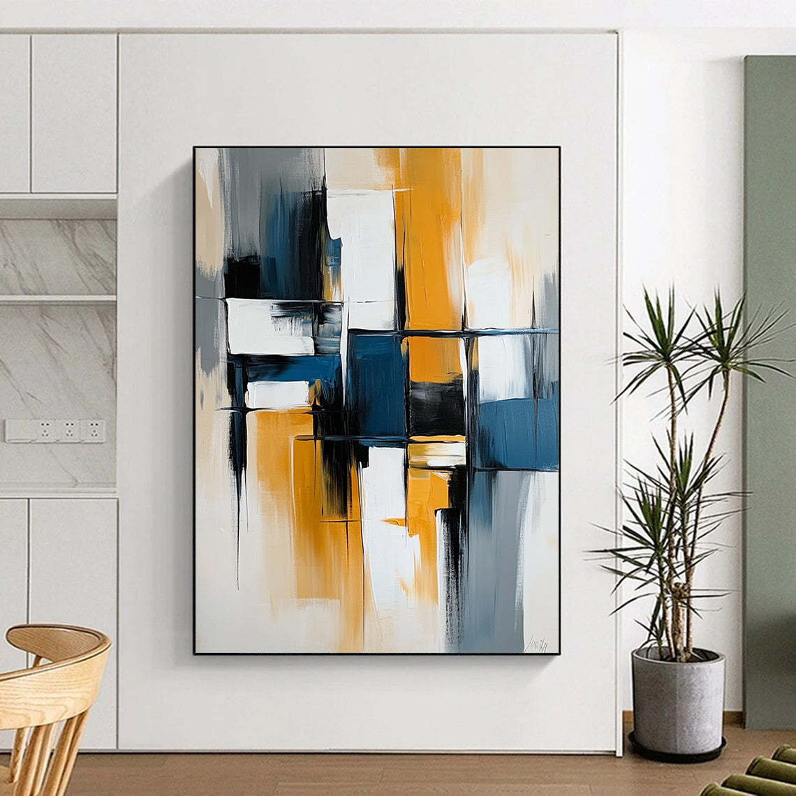 Contemporary hand-painted abstract artwork with bold lines and vibrant blocks of blue, white, gray, and yellow on canvas. DLZ0753