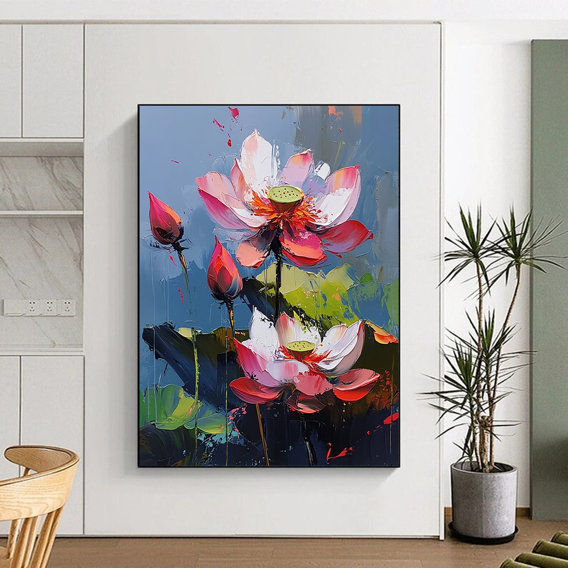 Contemporary hand-painted abstract artwork features vibrant lotus flowers with pink and red petals against a blue background creating a lively atmosphere. DLZ0423