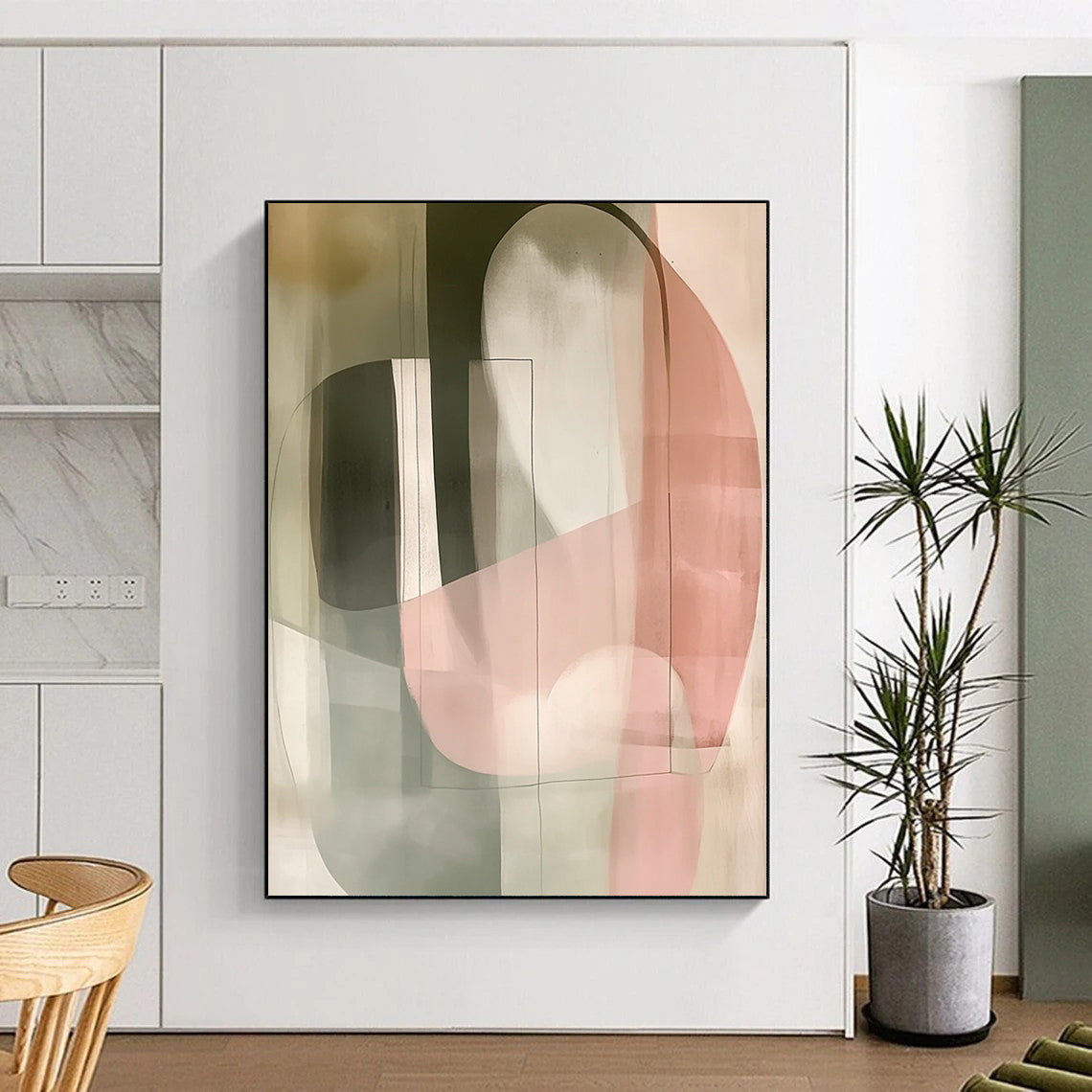 Large contemporary hand-painted abstract artwork featuring pastel colors simple shapes soft lighting and double exposure effects. DLZ1601