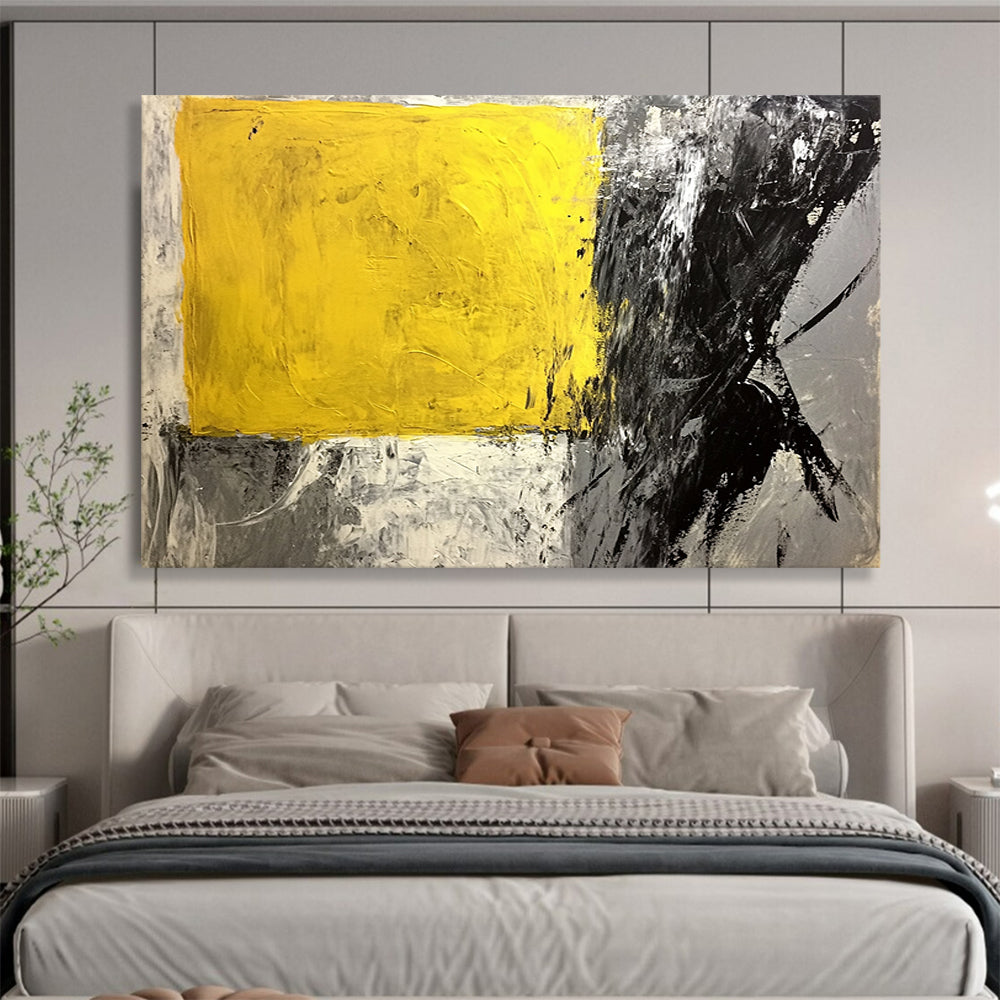 “Yellow - Black Abstract Blocks” - Yellow, Black, Gray - Painting On Canvas HB1409