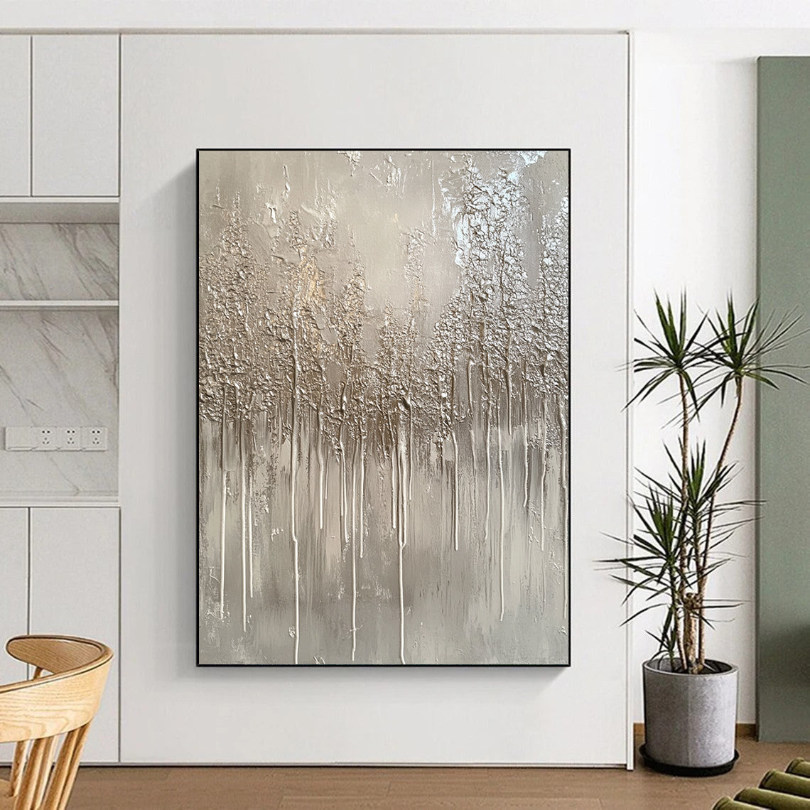 Large contemporary hand-painted abstract artwork featuring a monochromatic gray palette with drips and metallic silver accents evoking winter landscapes. DLZ1517